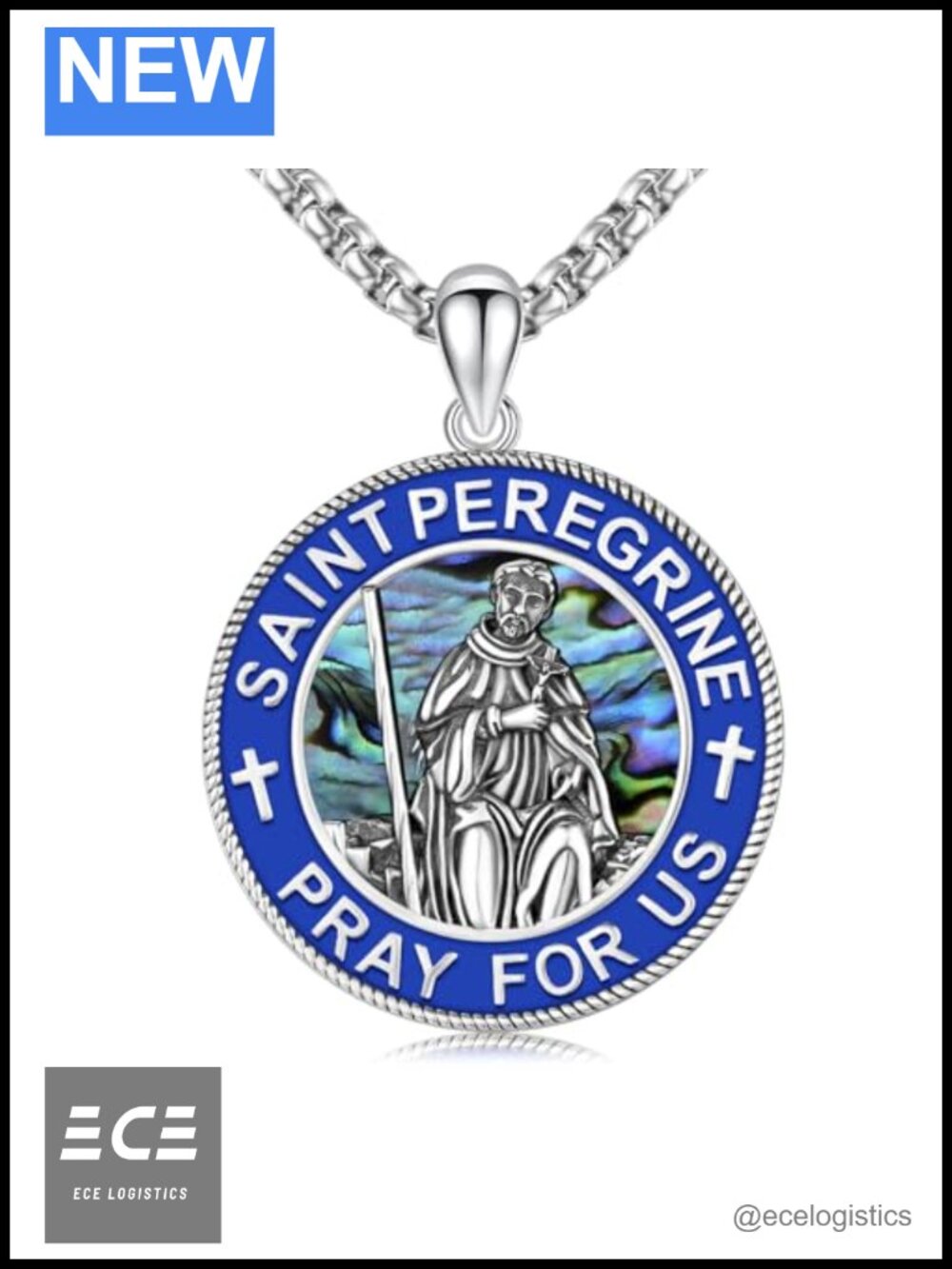 925 Sterling Silver St Peregrine Medal Necklace Abalone Shell Catholic